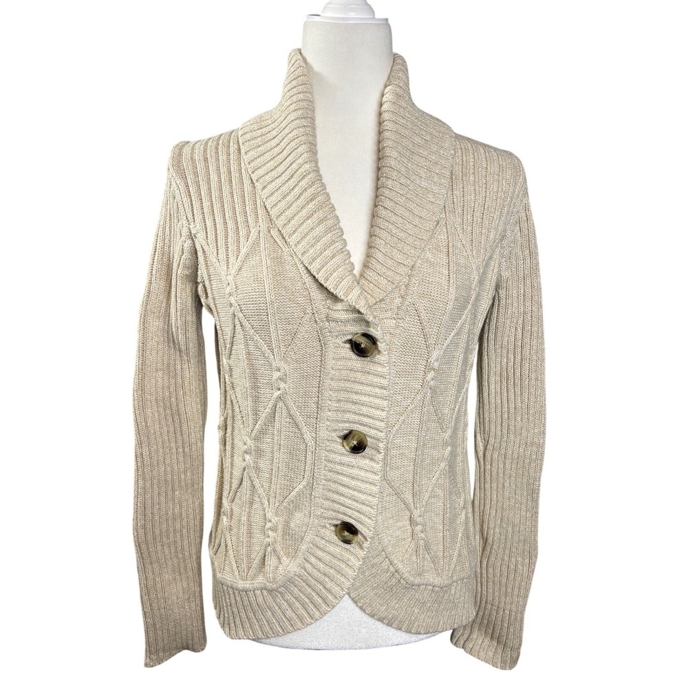 GH Bass Heritage Womens Oatmeal Beige Cable Knit Shawl Collar Cardigan Sweater M